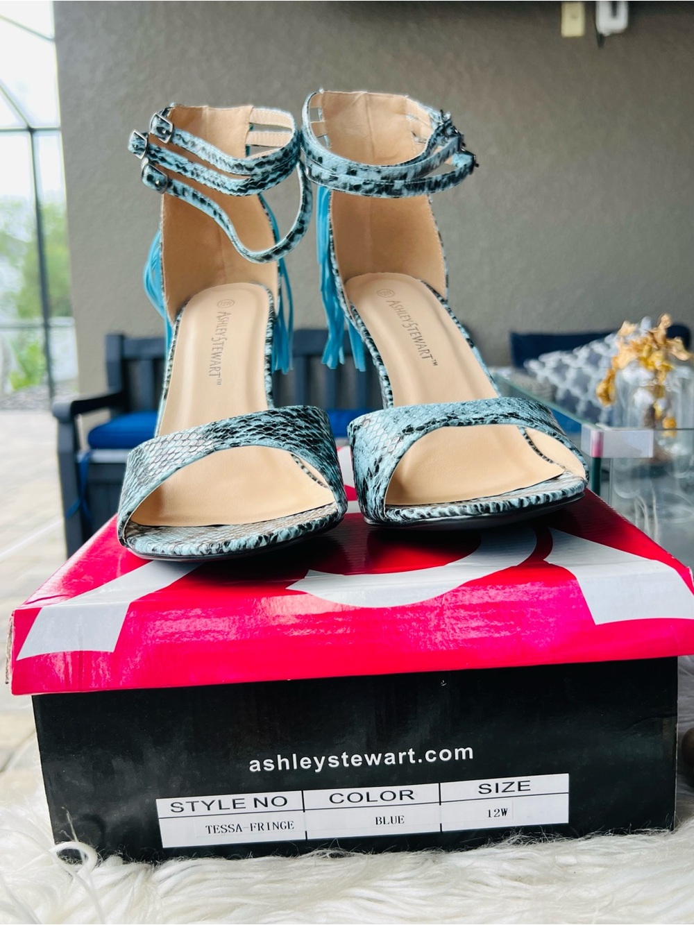 Ashley Stewart Turquoise Snake-Print Fringe Stiletto Sandals - Picture 6 of 6